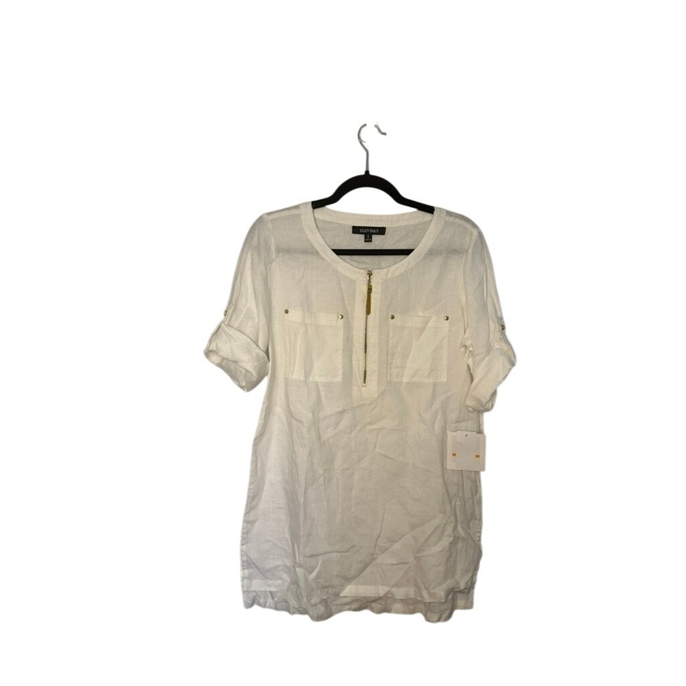 Ellen Tracy Linen Shirt Dress/Top Womens Small Roll Tab Sleeve Chalk White NWT